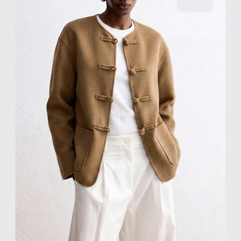 Tan Frog Toggle Collarless Patch Cropped Pea Coat Jacket